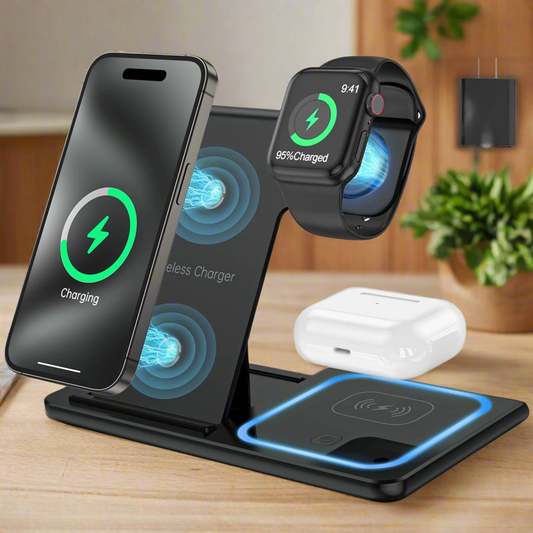 Wireless Charger, 18W Fast Iphone Charging Station for Iphone 16/15/14/13/12 /11/Pro Max/Plus, 3 in 1 Wireless Charging Stand for Iwatch Series SE 10/9/8/7/6/5/4/3, Airpods Pro/3/2 (W/ QC3.0 Adapter)